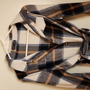 Shein belted thick flannel shirt dress, sz XL navy, white and tan